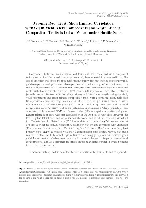 Juvenile root traits show limited correlation with grain yield, yield components and grain mineral composition traits in Indian wheat under hostile soils Thumbnail