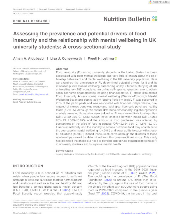 Assessing the prevalence and potential drivers of food insecurity and the relationship with mental wellbeing in UK university students: A cross-sectional study Thumbnail