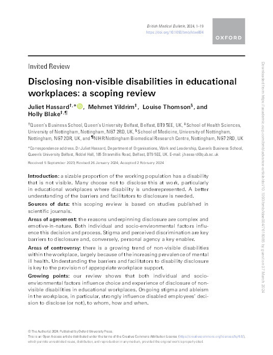 Disclosing non-visible disabilities in educational workplaces: a scoping review Thumbnail