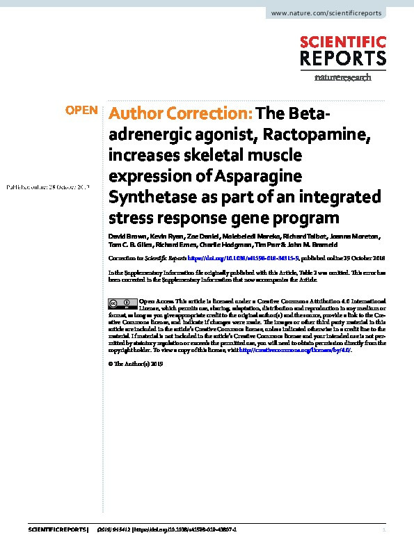 Author Correction: The Beta-adrenergic agonist, Ractopamine, increases skeletal muscle expression of Asparagine Synthetase as part of an integrated stress response gene program Thumbnail