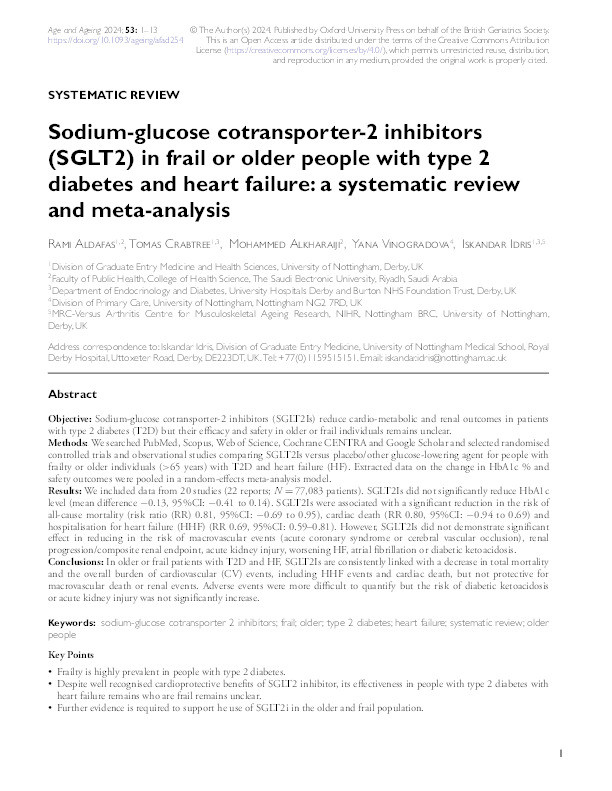 Sodium-glucose cotransporter-2 inhibitors (SGLT2) in frail or older people with type 2 diabetes and heart failure: a systematic review and meta-analysis Thumbnail
