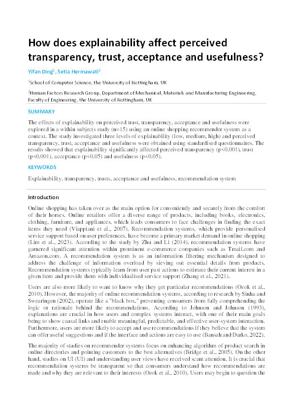 How does explainability affect perceived transparency, trust, acceptance and usefulness? Thumbnail