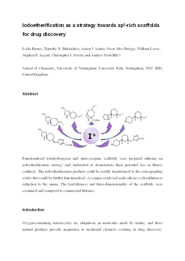 Iodoetherification as a strategy towards sp 3-rich scaffolds for drug discovery Thumbnail