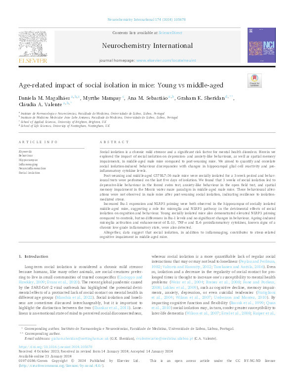 Age-related impact of social isolation in mice: Young vs middle-aged Thumbnail