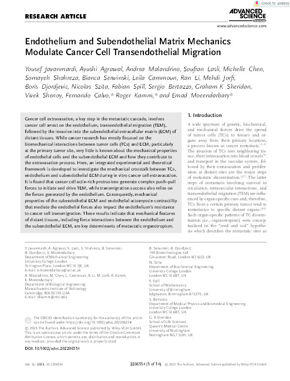 Endothelium and Subendothelial Matrix Mechanics Modulate Cancer Cell Transendothelial Migration Thumbnail