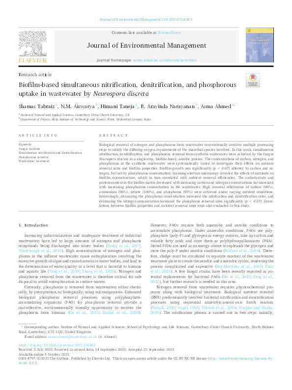 Biofilm-based simultaneous nitrification, denitrification, and phosphorous uptake in wastewater by Neurospora discreta Thumbnail