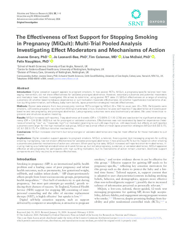 The effectiveness of text support for stopping smoking in pregnancy (MiQuit): multi-trial pooled analysis investigating effect moderators and mechanisms of action Thumbnail