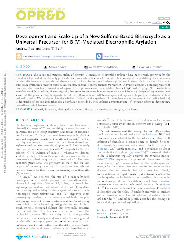 Development and Scale-Up of a New Sulfone-Based Bismacycle as a Universal Precursor for Bi(V)-Mediated Electrophilic Arylation Thumbnail