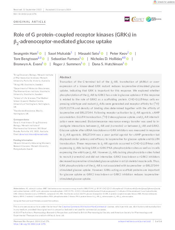 Role of G protein‐coupled receptor kinases (GRKs) in β2‐adrenoceptor‐mediated glucose uptake Thumbnail
