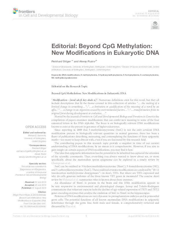 Editorial: Beyond CpG methylation: New modifications in eukaryotic DNA Thumbnail