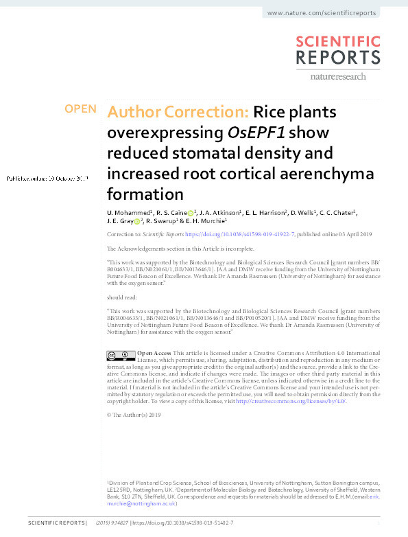 Author Correction: Rice plants overexpressing OsEPF1 show reduced stomatal density and increased root cortical aerenchyma formation (Scientific Reports, (2019), 9, 1, (5584), 10.1038/s41598-019-41922-7) Thumbnail