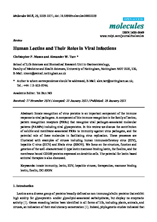 Human lectins and their roles in viral infections Thumbnail