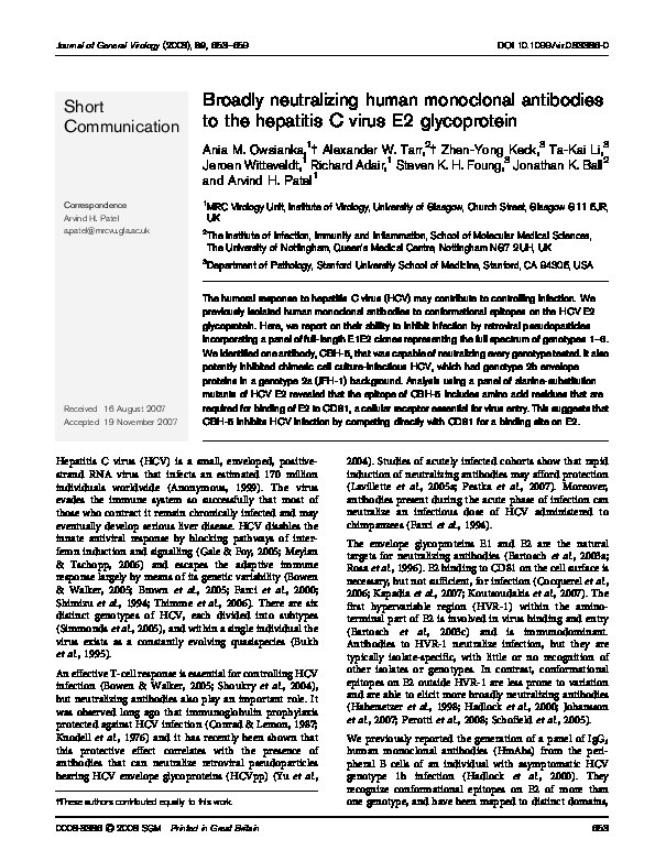 Broadly neutralizing human monoclonal antibodies to the hepatitis C virus E2 glycoprotein Thumbnail