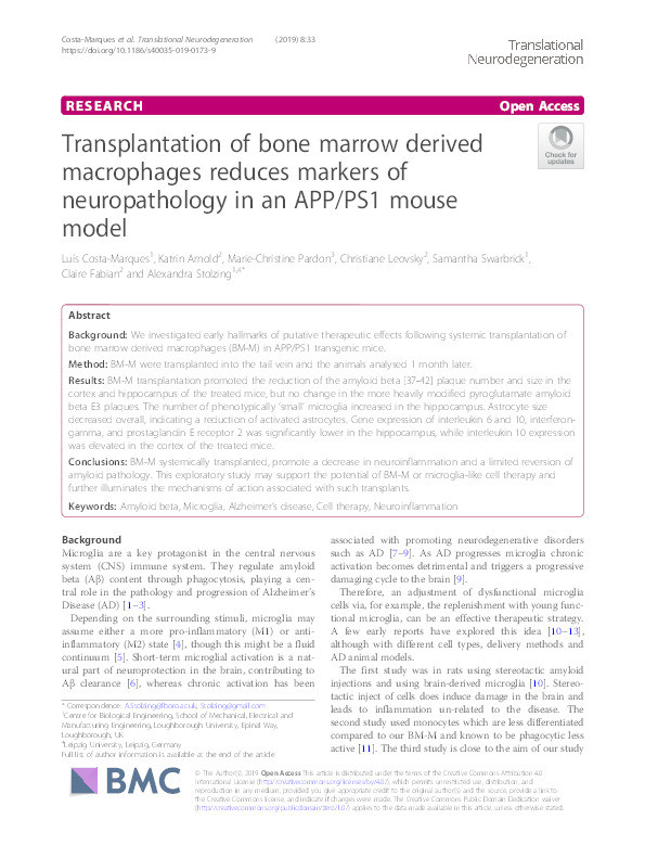 Transplantation of bone marrow derived macrophages reduces markers of neuropathology in an APP/PS1 mouse model Thumbnail