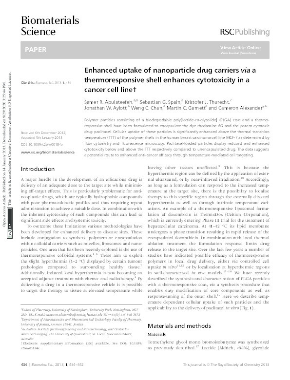 Enhanced uptake of nanoparticle drug carriers via a thermoresponsive shell enhances cytotoxicity in a cancer cell line Thumbnail