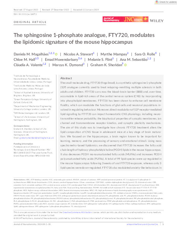 The sphingosine 1‐phosphate analogue, FTY720, modulates the lipidomic signature of the mouse hippocampus Thumbnail