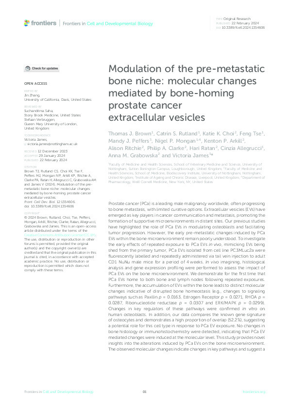 Modulation of the pre-metastatic bone niche: molecular changes mediated by bone-homing prostate cancer extracellular vesicles Thumbnail