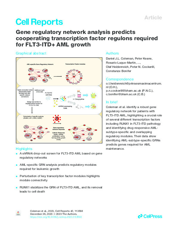 Gene regulatory network analysis predicts cooperating transcription factor regulons required for FLT3-ITD+ AML growth Thumbnail