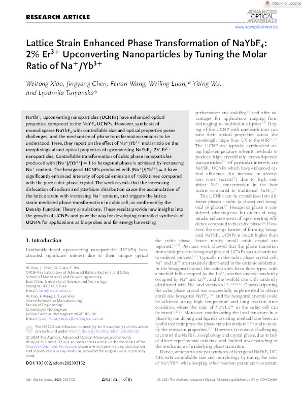 Lattice strain enhanced phase transformation of NaYbF4: 2% Er3+ upconverting nanoparticles by tuning the molar ratio of Na+/Yb3+ Thumbnail