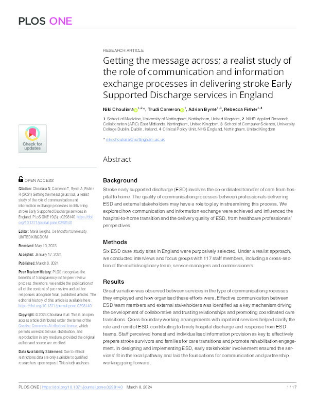 Getting the message across: a realist study of the role of communication and information exchange processes in delivering Stroke Early Supported Discharge services in England Thumbnail