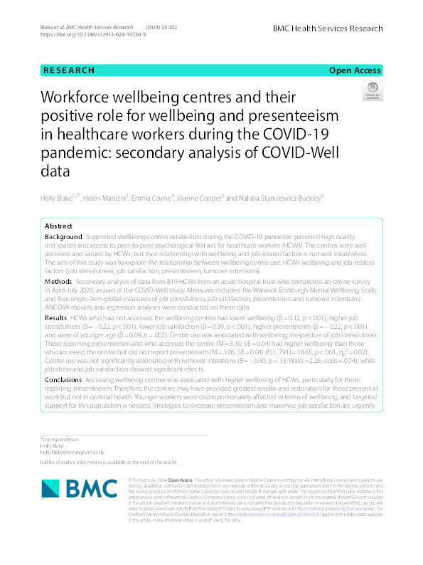 Workforce wellbeing centres and their positive role for wellbeing and presenteeism in healthcare workers during the COVID-19 pandemic: secondary analysis of COVID-Well data Thumbnail