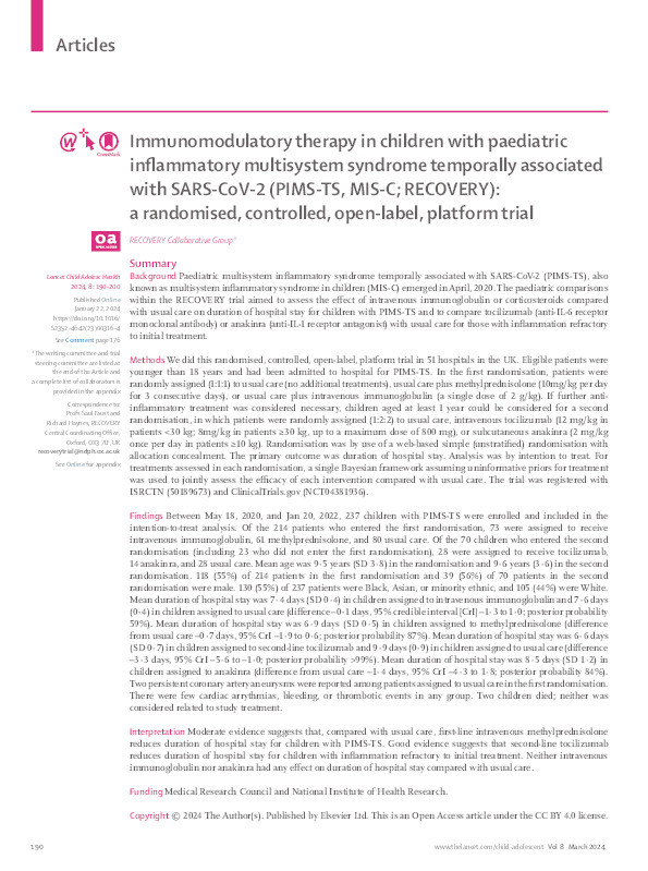 Immunomodulatory therapy in children with paediatric inflammatory multisystem syndrome temporally associated with SARS-CoV-2 (PIMS-TS, MIS-C; RECOVERY): a randomised, controlled, open-label, platform trial Thumbnail