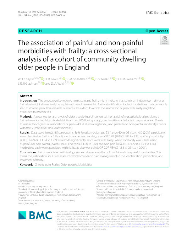 The association of painful and non-painful morbidities with frailty: a cross sectional analysis of a cohort of community dwelling older people in England Thumbnail