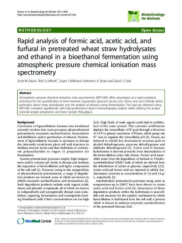 Rapid analysis of formic acid, acetic acid, and furfural in pretreated wheat straw hydrolysates and ethanol in a bioethanol fermentation using atmospheric pressure chemical ionisation mass spectrometry Thumbnail