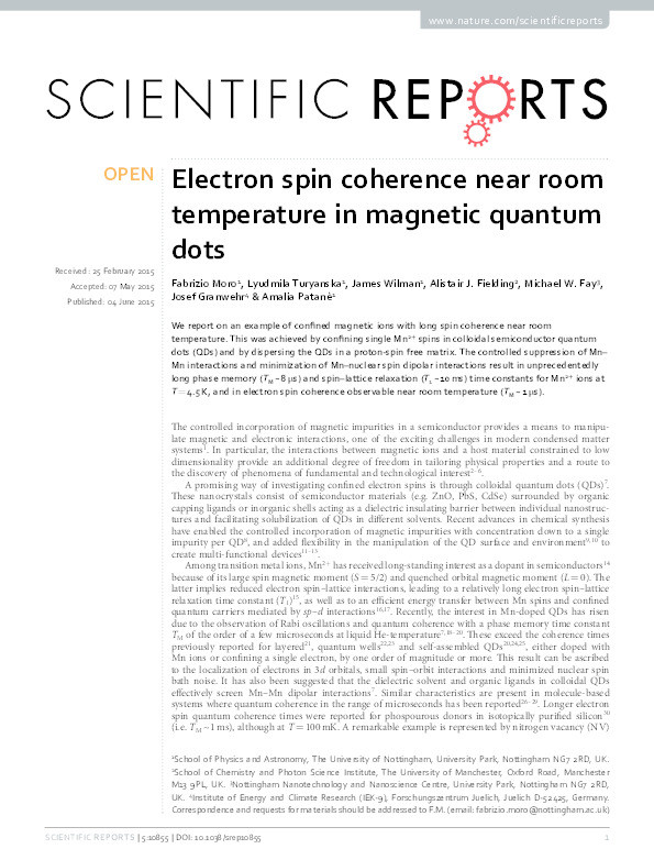 Electron spin coherence near room temperature in magnetic quantum dots Thumbnail