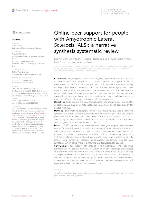 Online peer support for people with Amyotrophic Lateral Sclerosis (ALS): a narrative synthesis systematic review Thumbnail