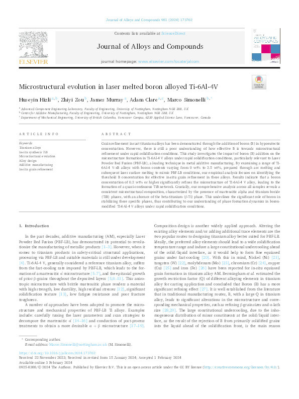 Microstructural evolution in laser melted boron alloyed Ti-6Al-4V Thumbnail