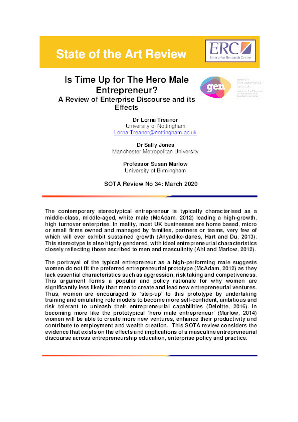 Is Time Up for The Hero Male  Entrepreneur?  A Review of Enterprise Discourse and its  Effects Thumbnail