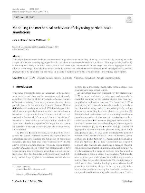 Modelling the mechanical behaviour of clay using particle-scale simulations Thumbnail