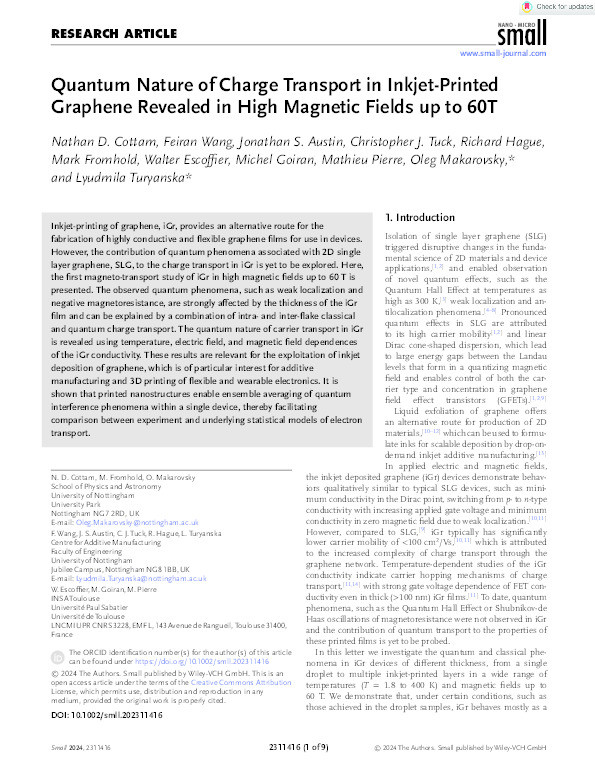 arch Article Open Access Quantum Nature of Charge Transport in Inkjet-Printed Graphene Revealed in High Magnetic Fields up to 60T Thumbnail