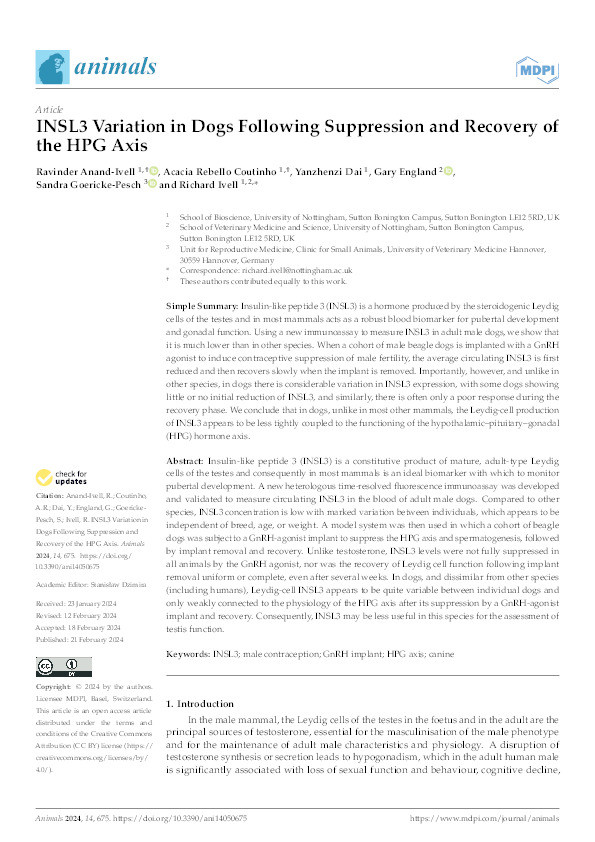 INSL3 Variation in Dogs Following Suppression and Recovery of the HPG Axis Thumbnail