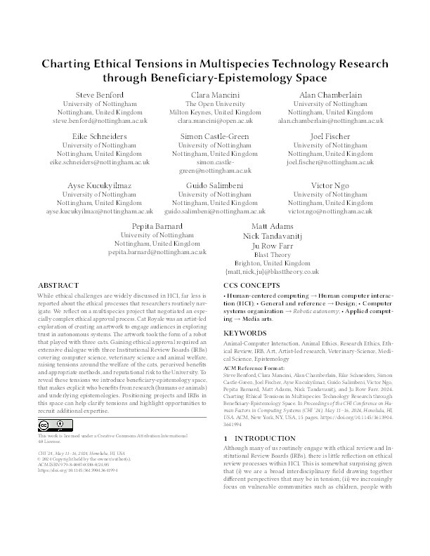 Charting Ethical Tensions in Multispecies Technology Research through Beneficiary-Epistemology Space Thumbnail