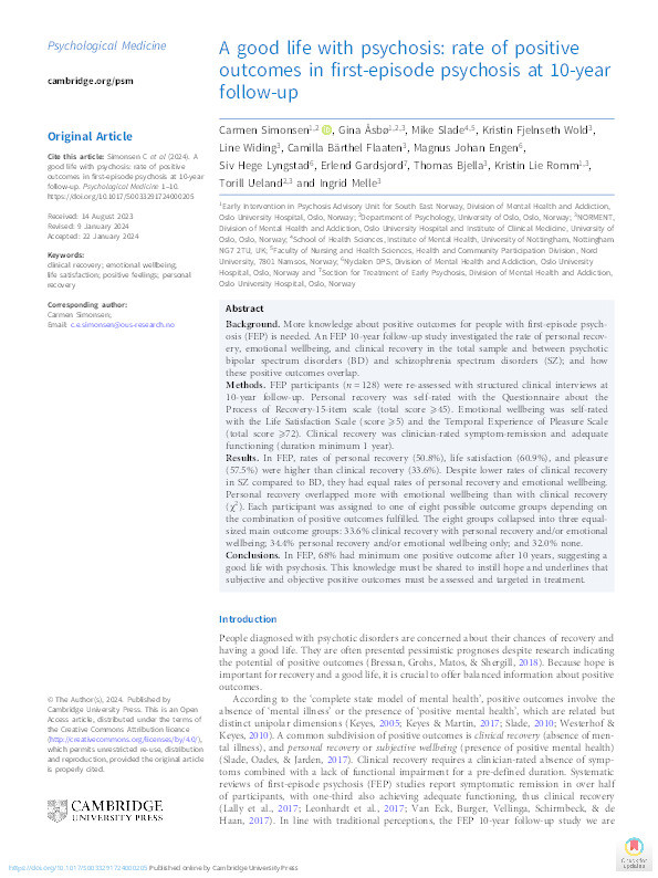 A good life with psychosis: rate of positive outcomes in first-episode psychosis at 10-year follow-up Thumbnail