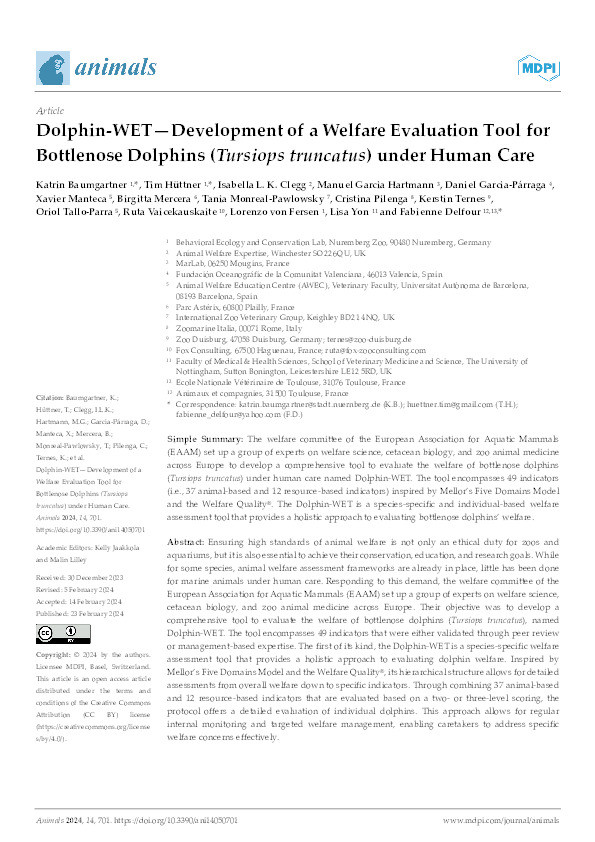 Dolphin-WET—Development of a Welfare Evaluation Tool for Bottlenose Dolphins (Tursiops truncatus) under Human Care Thumbnail