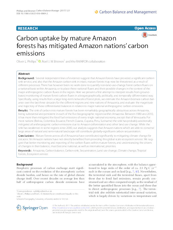 Carbon uptake by mature Amazon forests has mitigated Amazon nations’ carbon emissions Thumbnail