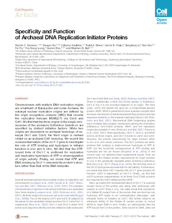 Specificity and Function of Archaeal DNA Replication Initiator Proteins Thumbnail