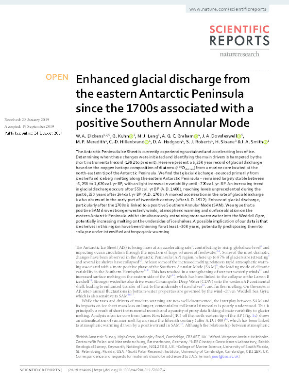 Enhanced glacial discharge from the eastern Antarctic Peninsula since the 1700s associated with a positive Southern Annular Mode Thumbnail