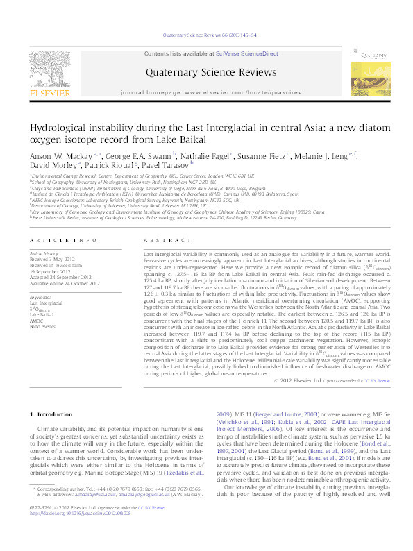 Hydrological instability during the Last Interglacial in central Asia: a new diatom oxygen isotope record from Lake Baikal Thumbnail