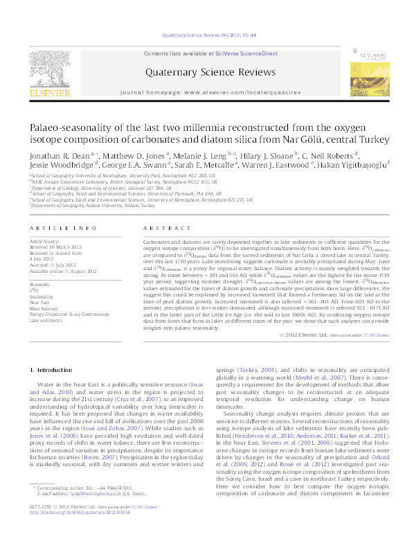 Palaeo-seasonality of the last two millennia reconstructed from the oxygen isotope composition of carbonates and diatom silica from Nar Gölü, central Turkey Thumbnail