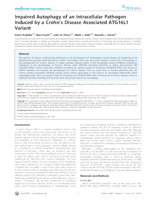 Impaired autophagy of an intracellular pathogen induced by a Crohn's disease associated ATG16L1 variant Thumbnail