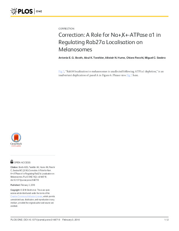 Correction: A Role for Na+,K+-ATPase α1 in Regulating Rab27a Localisation on Melanosomes Thumbnail