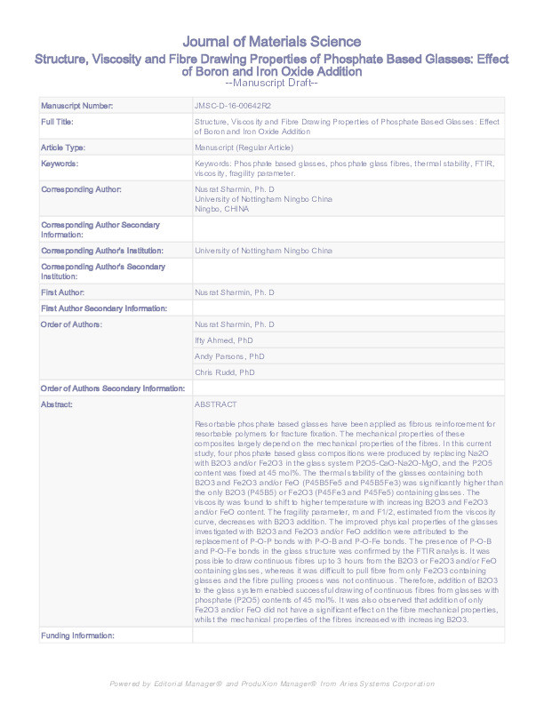 Structure, viscosity and fibre drawing properties of phosphate-based glasses: effect of boron and iron oxide addition Thumbnail