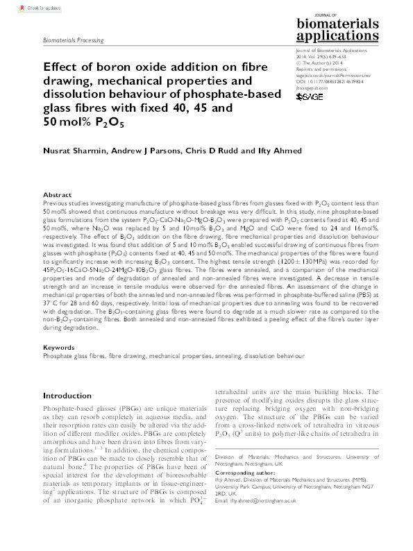 Effect of boron oxide addition on fibre drawing, mechanical properties and dissolution behaviour of phosphate-based glass fibres with fixed 40, 45 and 50 mol% P2O5 Thumbnail