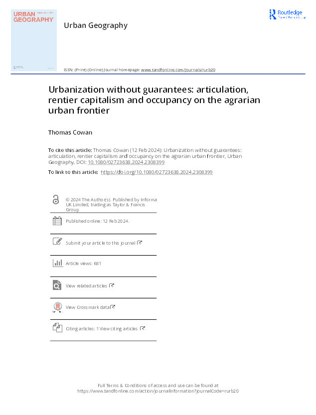 Urbanization without guarantees: articulation, rentier capitalism and occupancy on the agrarian urban frontier Thumbnail