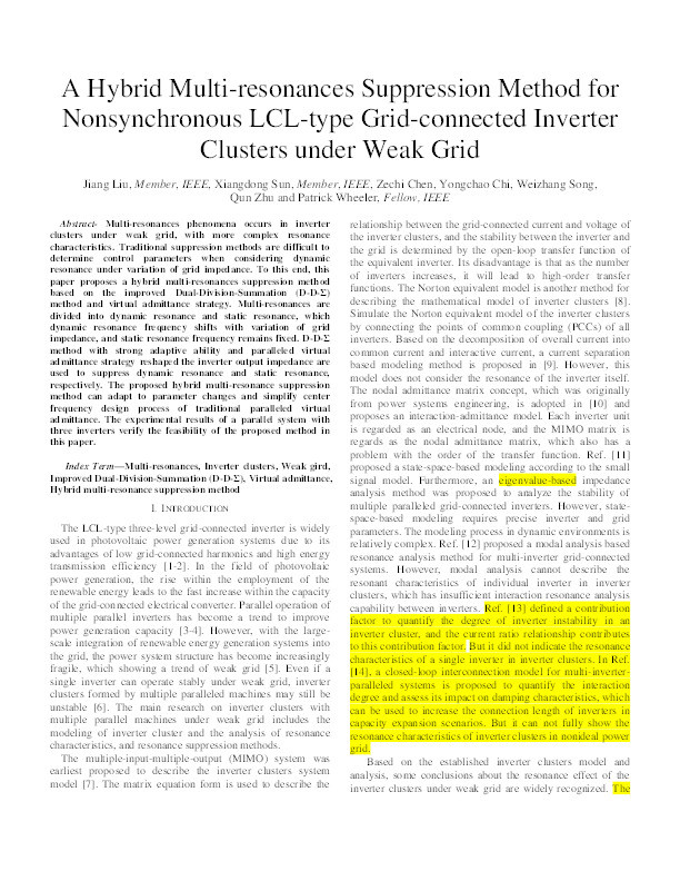 A Hybrid Multiresonances Suppression Method for Nonsynchronous LCL-Type Grid-Connected Inverter Clusters under Weak Grid Thumbnail