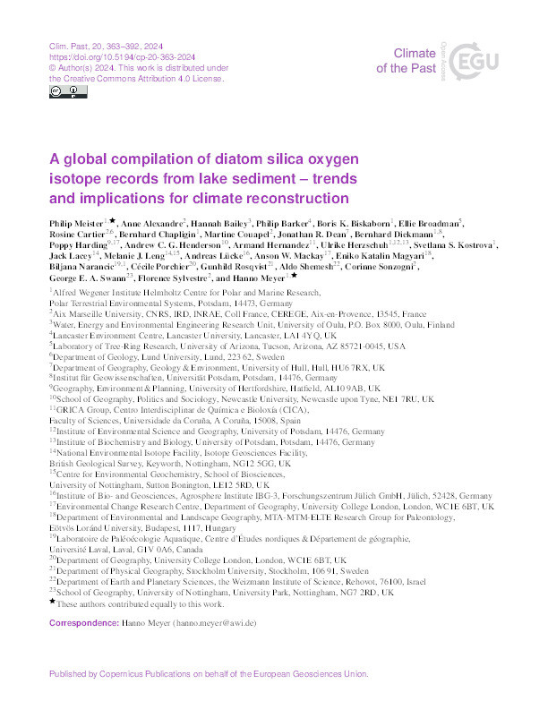 A global compilation of diatom silica oxygen  isotope records from lake sediment – trends  and implications for climate reconstruction Thumbnail